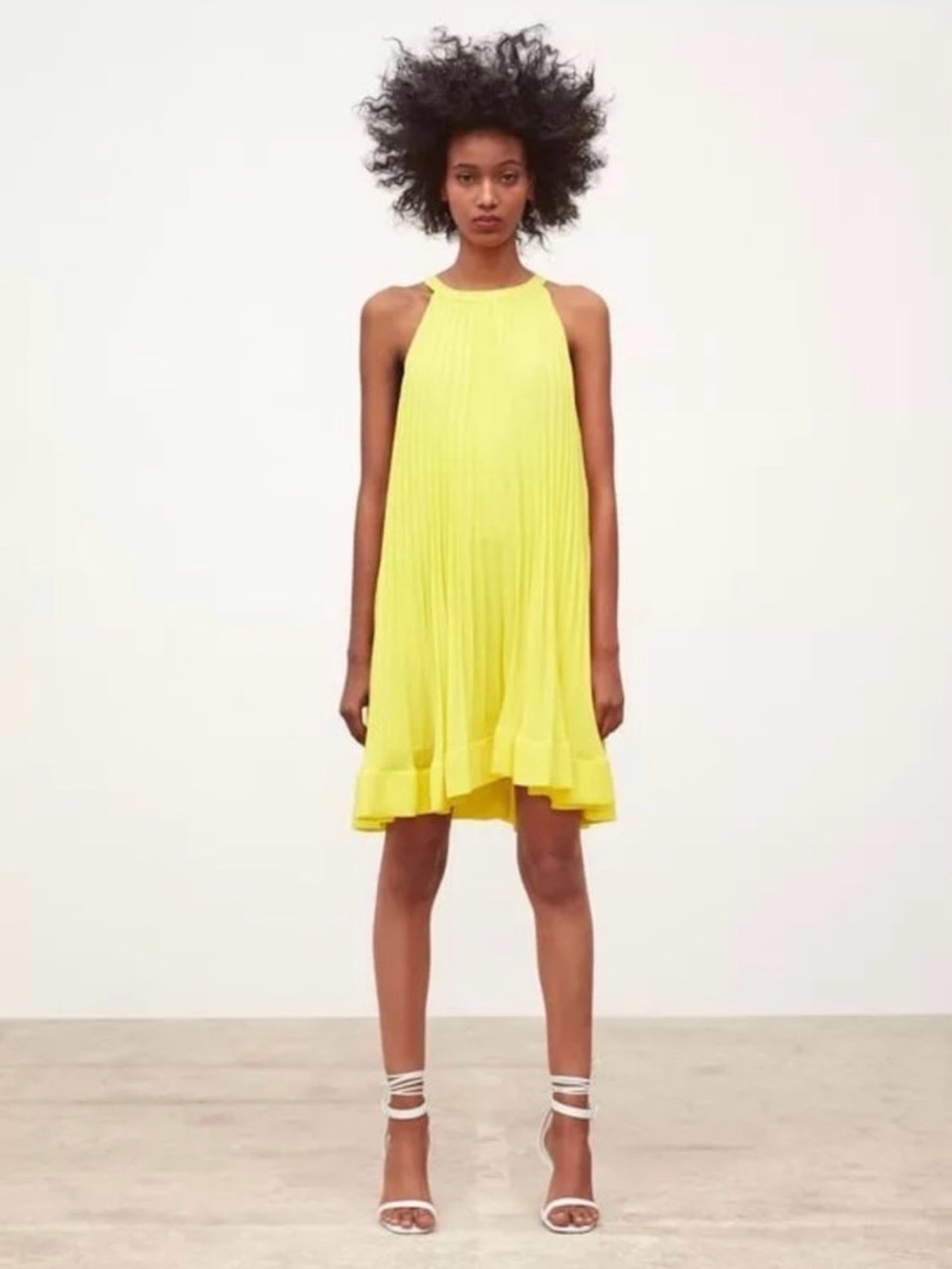 Zara Yellow Sleeveless Pleated Mini Dress
